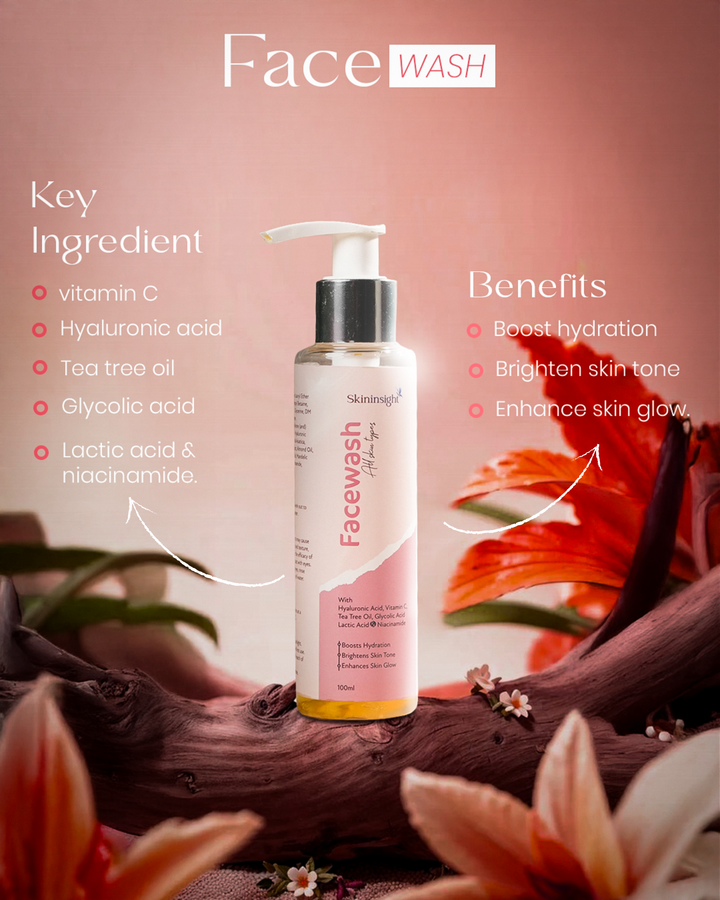 Skininsight Tea Tree Oil Facewash – Gentle Cleanse with Hyaluronic Acid, Vitamin C & AHA Exfoliants (100ml)