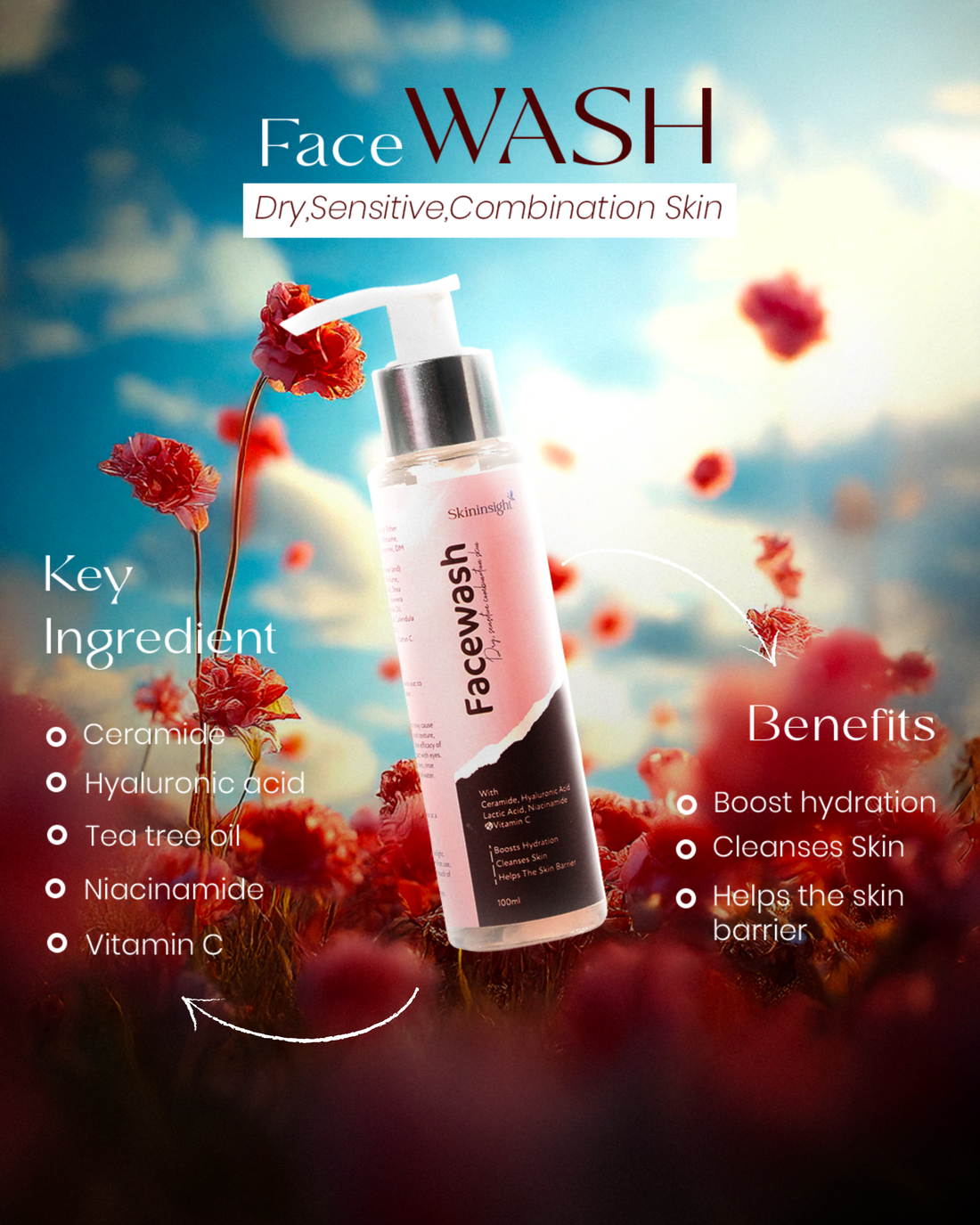 Skininsight Vitamin C Facewash for Dry & Sensitive Skin – Ceramide & Hyaluronic Hydrating Cleanser (100ml)