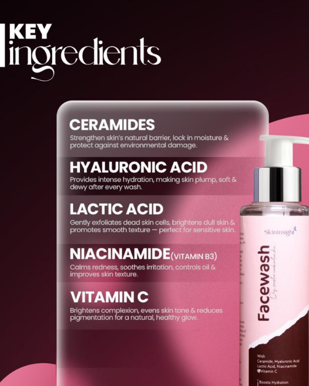 Skininsight Vitamin C Facewash for Dry & Sensitive Skin – Ceramide & Hyaluronic Hydrating Cleanser (100ml)