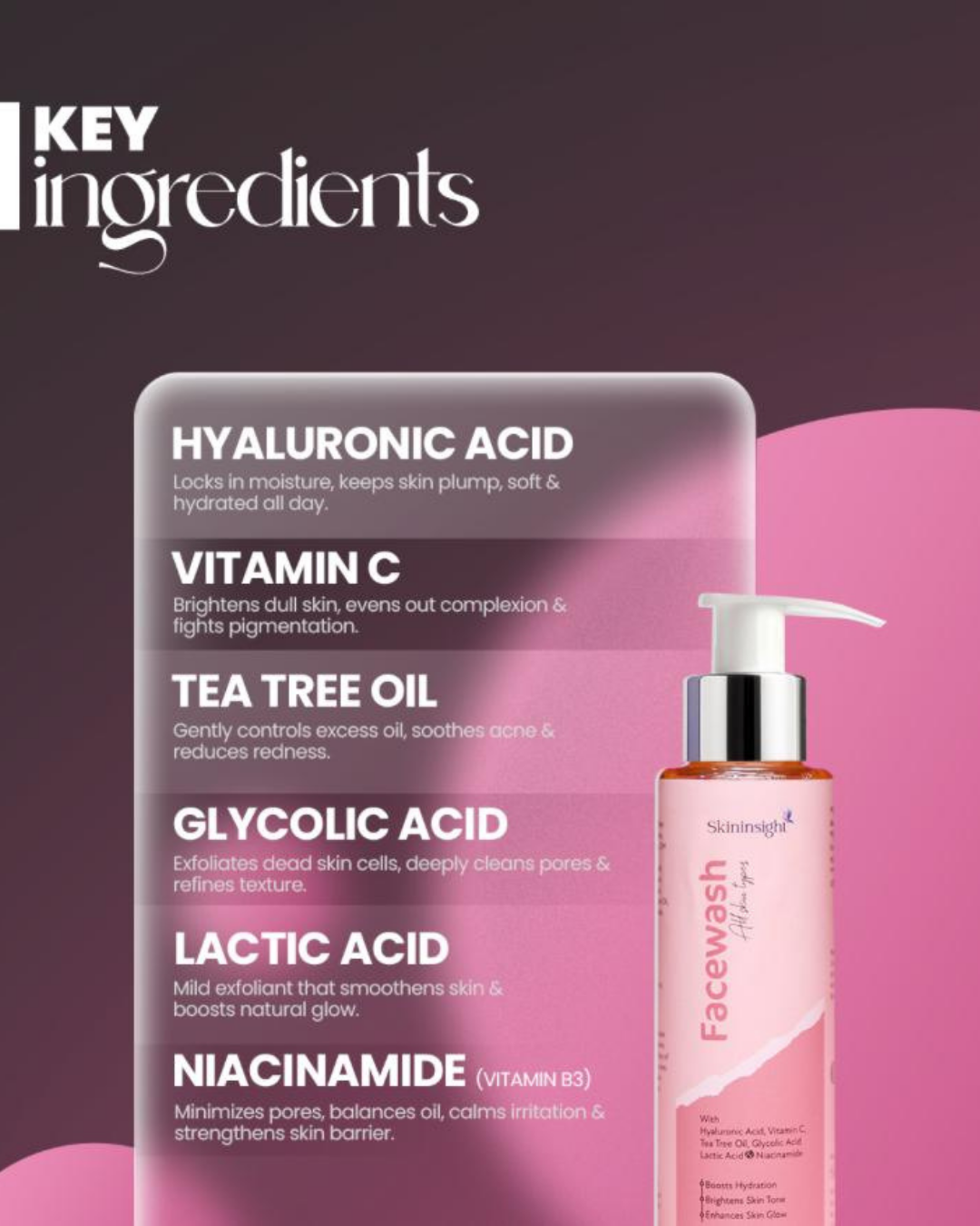 Skininsight Tea Tree Oil Facewash – Gentle Cleanse with Hyaluronic Acid, Vitamin C & AHA Exfoliants (100ml)