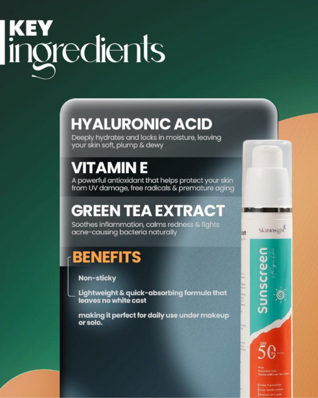 Skininsight SPF 50 Sunscreen – Broad-Spectrum PA++++ UV Protection with Cica & Hyaluronic Acid (50g)